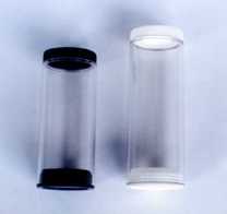 Clear talc shaker packaging with black and white closures